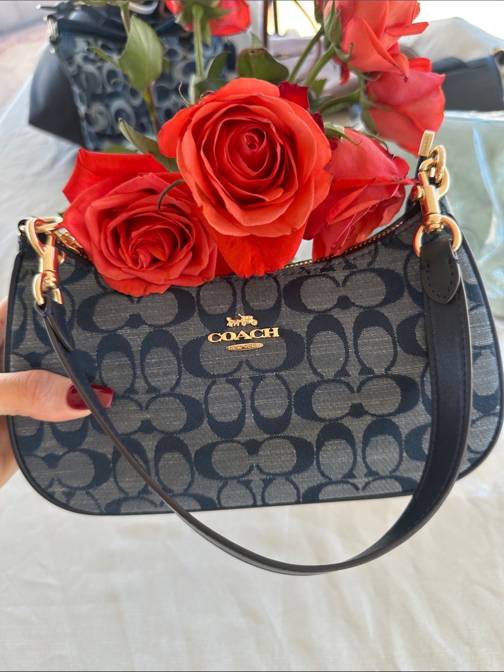 COACH navy  Signature Jacquard Small Shoulder Bag